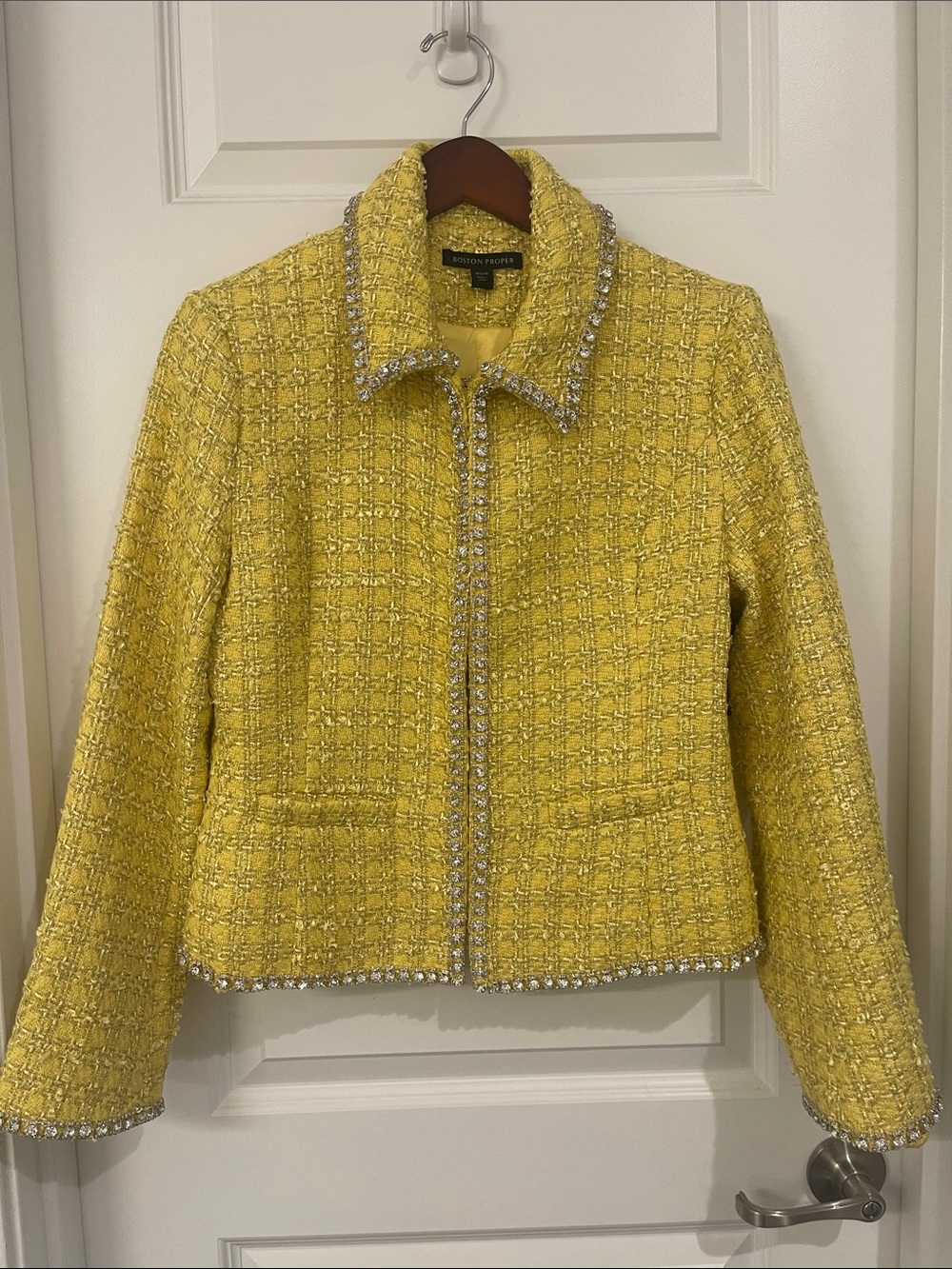 Boston Proper Yellow Tweed Jacket with Crystal Trim